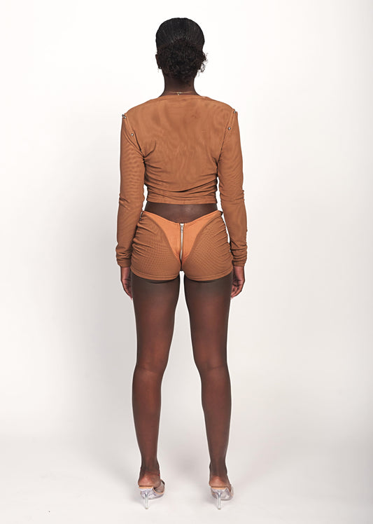 CACAO LIQUID MESH V-BACK MINI SHORTS