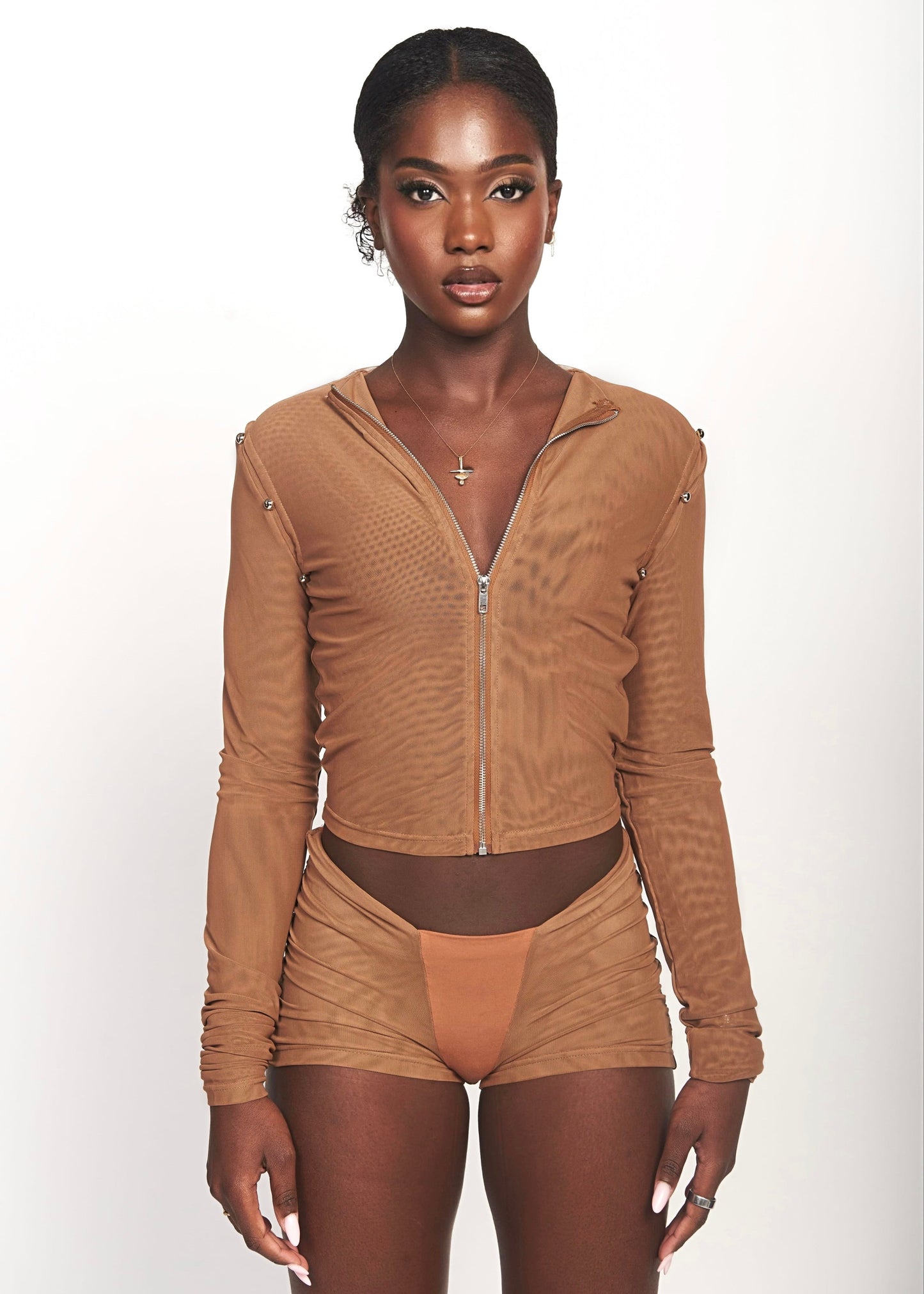 CACAO LIQUID MESH V-BACK MINI SHORTS